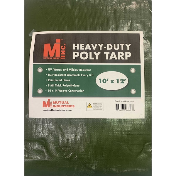 Heavy Duty Tarp, 10 ft x 12 ft, 8 mil, Green, UV Resistant, Mildew Resistant